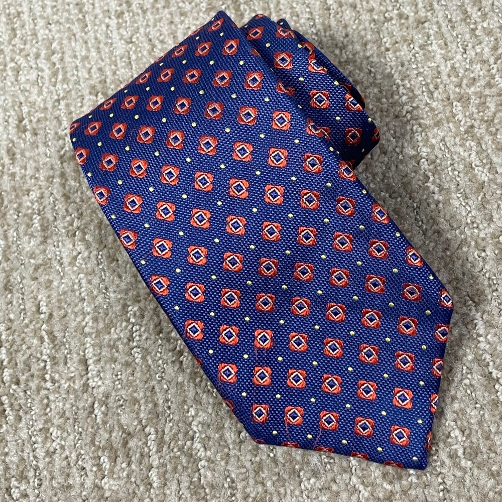 Countess Mara Necktie Mens Preppy Officewear Blue Orange Geometric Silk Tie